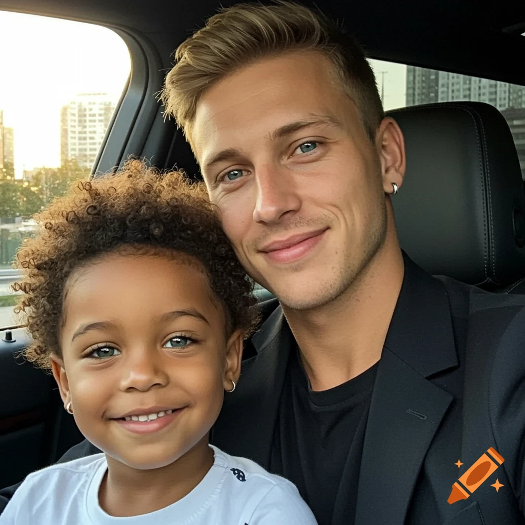 A man with blonde hair and a smiling young boy with curly hair take a selfie in a car.