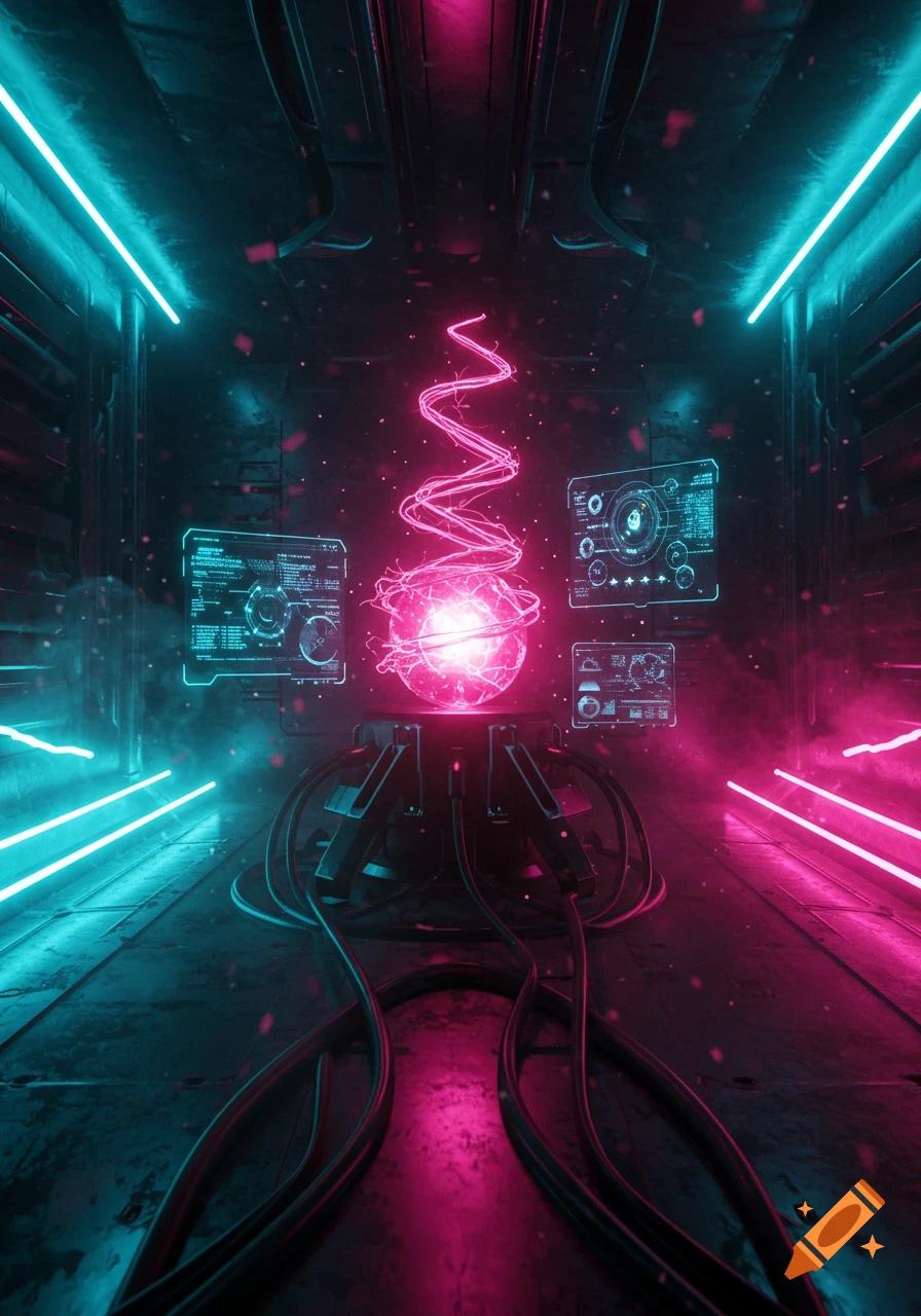 A neon pink energy core on a futuristic pedestal, glowing amidst swirling energy and holographic screens in a dark, cyberpunk chamber with teal lights.