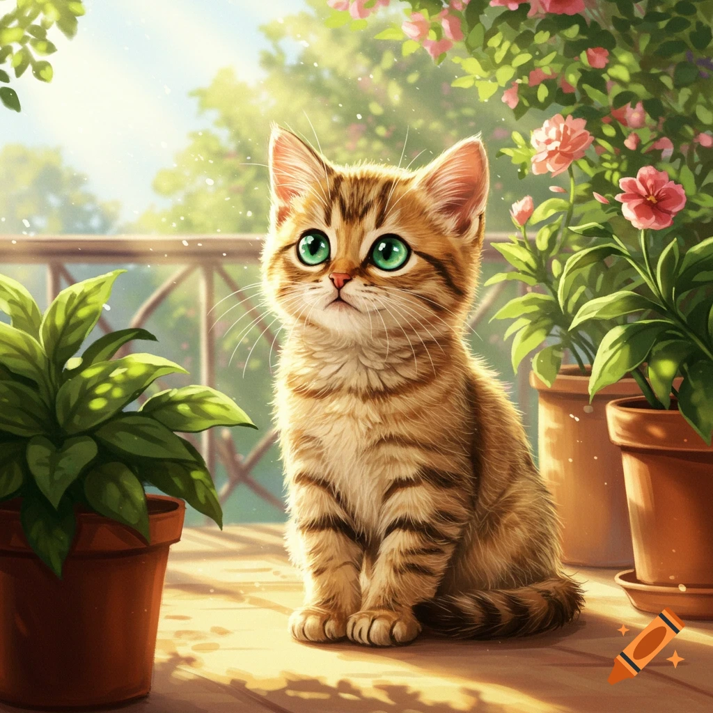 A cute, illustrative golden tabby kitten with bright green eyes sits on a sunny wooden balcony, surrounded by potted green plants and pink flowers.