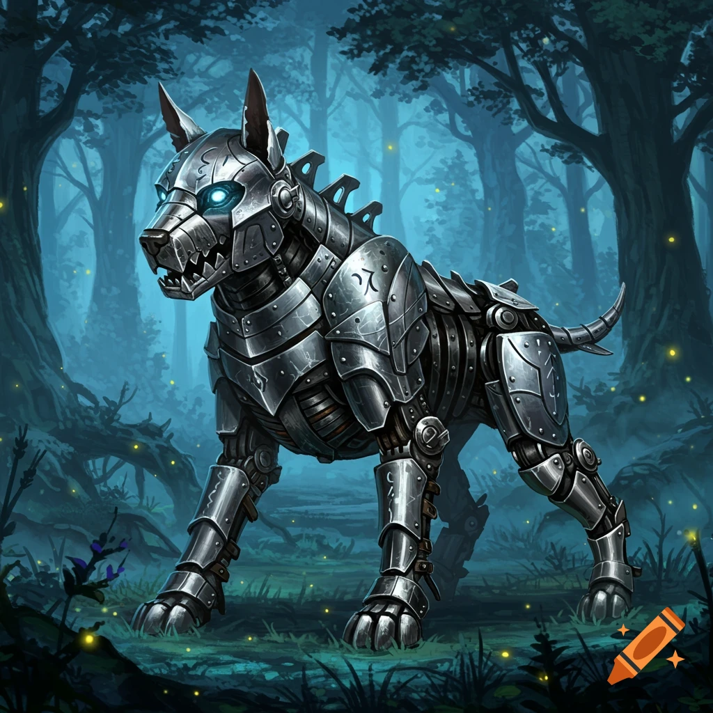 A detailed illustration of a steel mechanical dog with glowing blue eyes, standing in a dark, misty forest with glowing light specs.