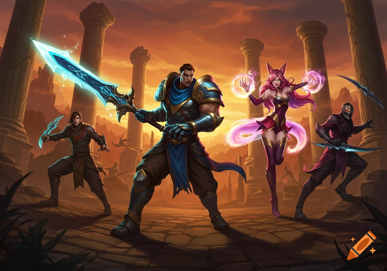 Four fantasy heroes from League of Legends (Garen, Ahri, Yasuo, Zed) pose heroically amidst ancient ruins at sunset.