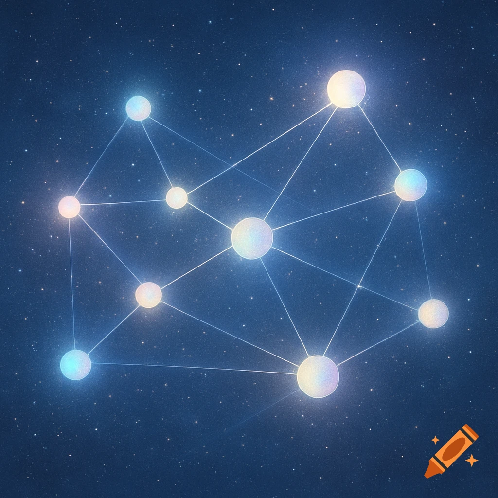 A stylized network of glowing, colorful circular nodes connected by faint lines, set against a dark, star-filled space background.