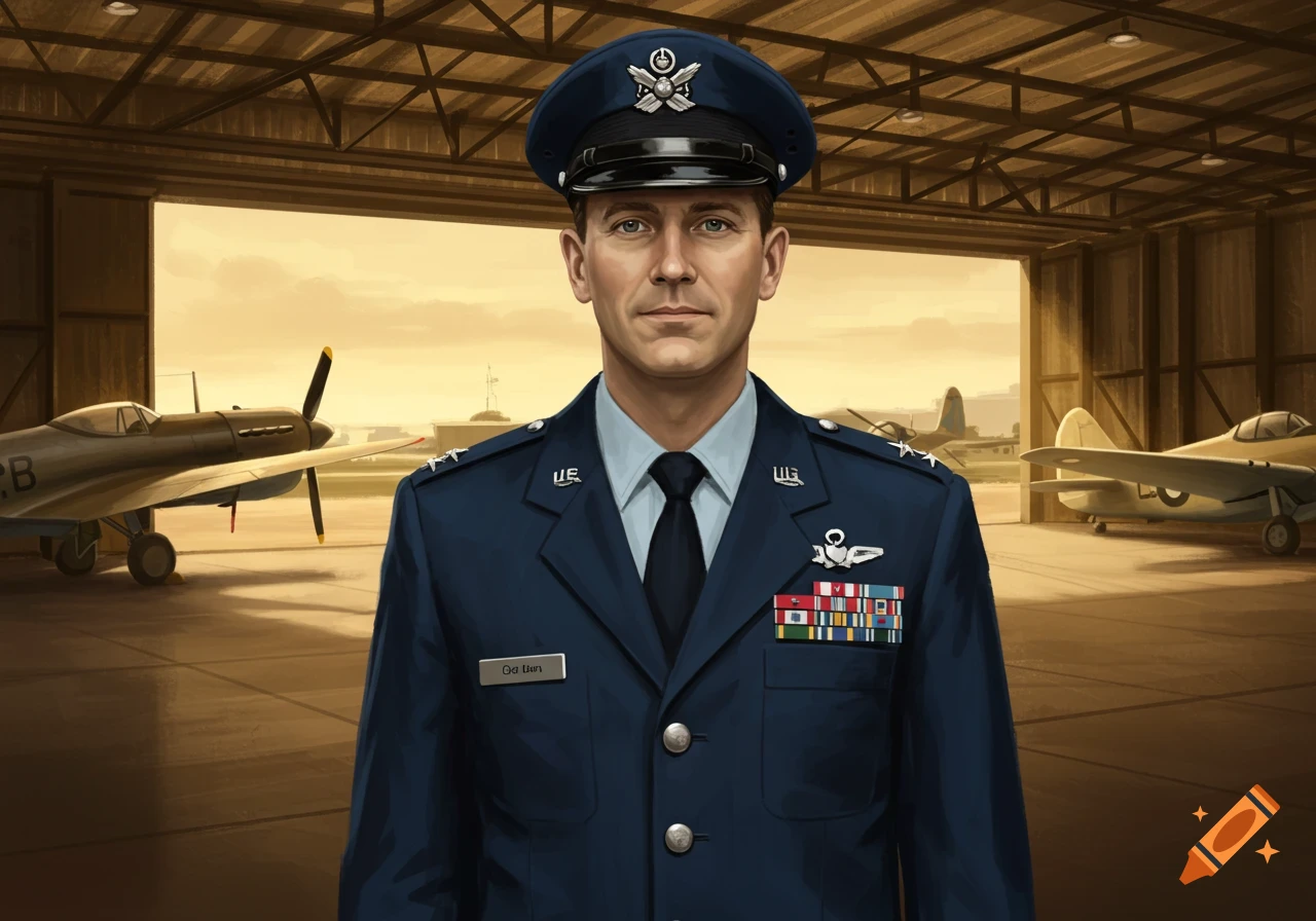 A stoic airman in a blue uniform with medals stands in front of a hangar with airplanes at sunset, in a detailed illustrative style.