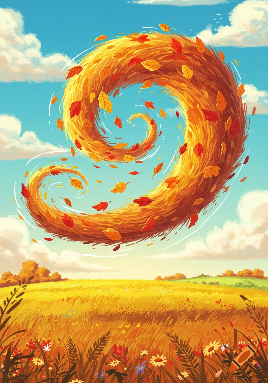 Vibrant illustration of a golden field under a blue sky, with autumn leaves swirling in a large, whimsical vortex.