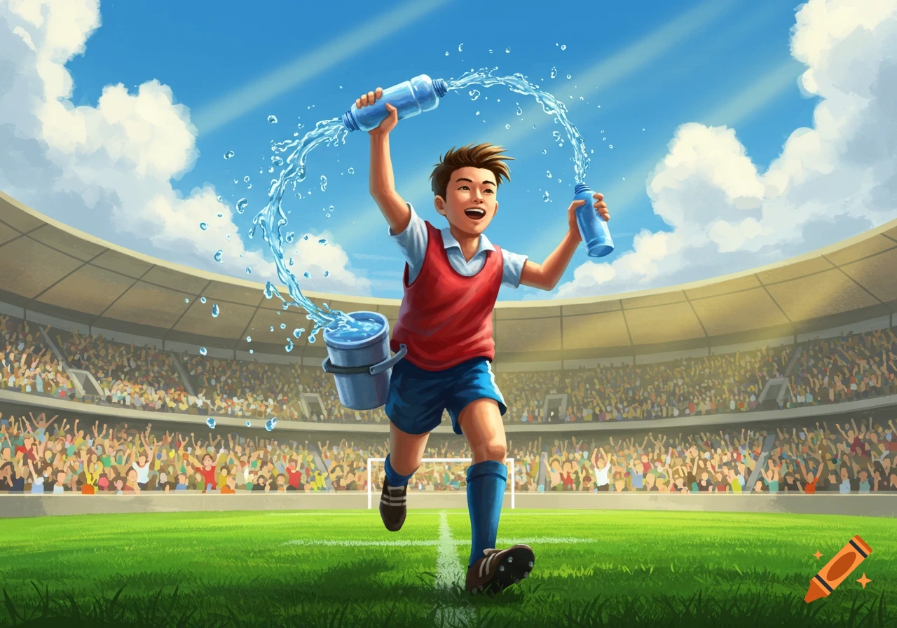 Illustration of a waterboy running on a soccer field, splashing water, with a stadium crowd under a blue sky.
