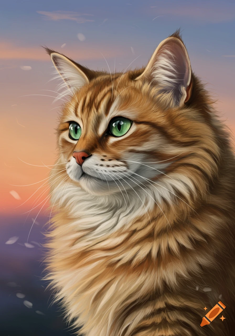 A fluffy orange-brown tabby cat with vibrant green eyes looks left, against a soft gradient sunset sky. Digital art.