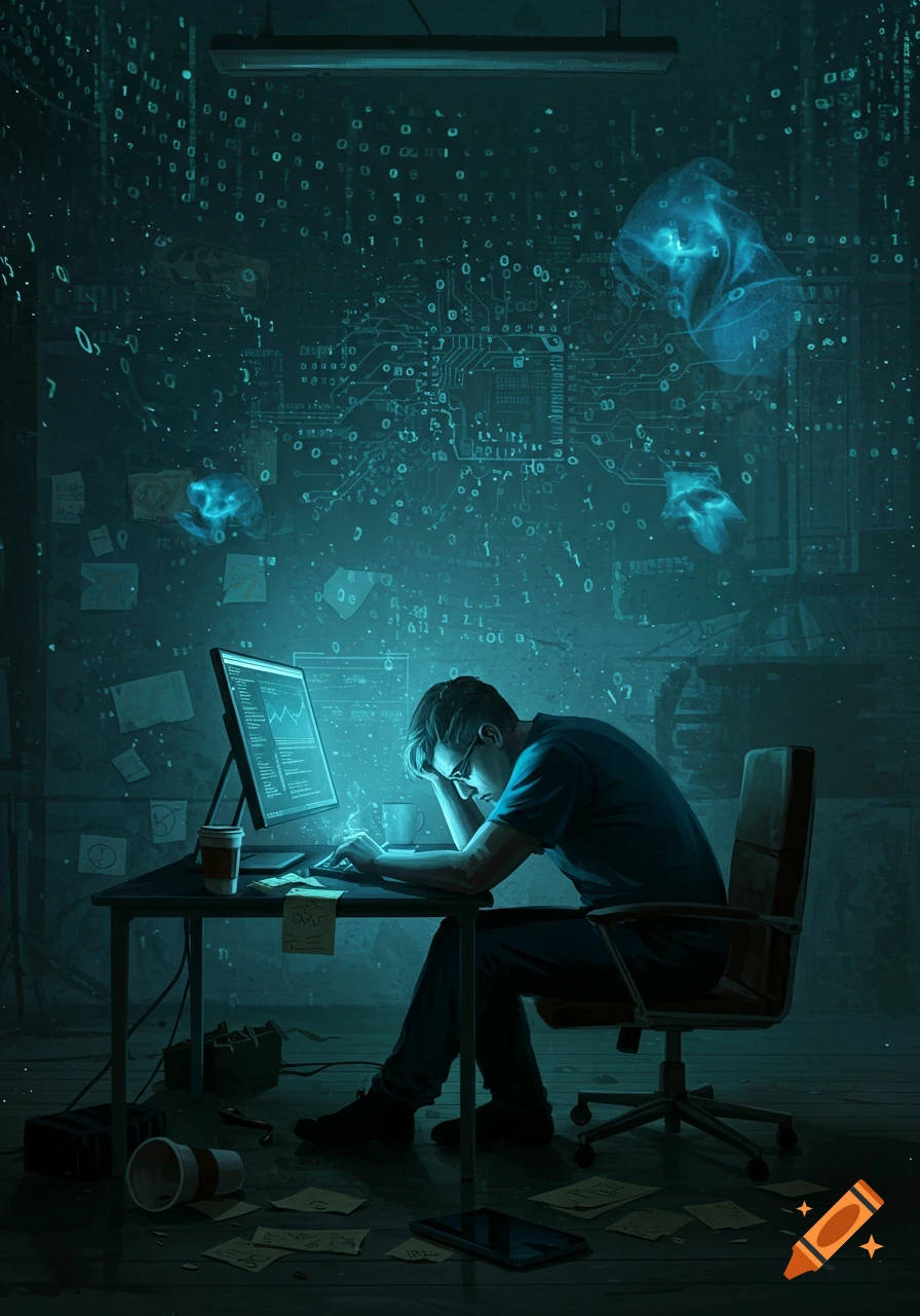 A person with glasses hunches over a computer in a dark, tech-themed room filled with glowing digital code and circuit patterns, depicting digital burnout.