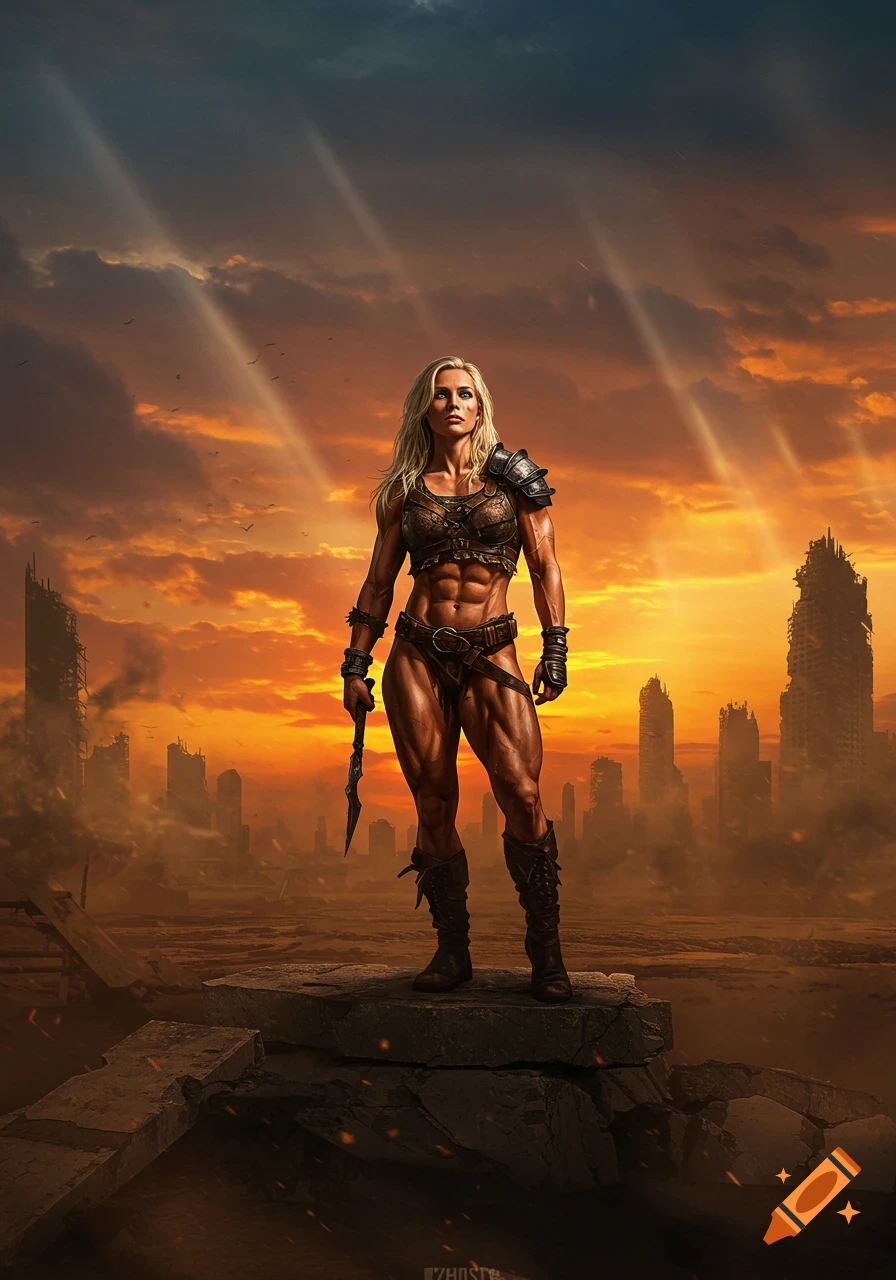 Muscular blonde warrior woman standing on rubble in a ruined city at sunset, holding a dagger. Digital painting.