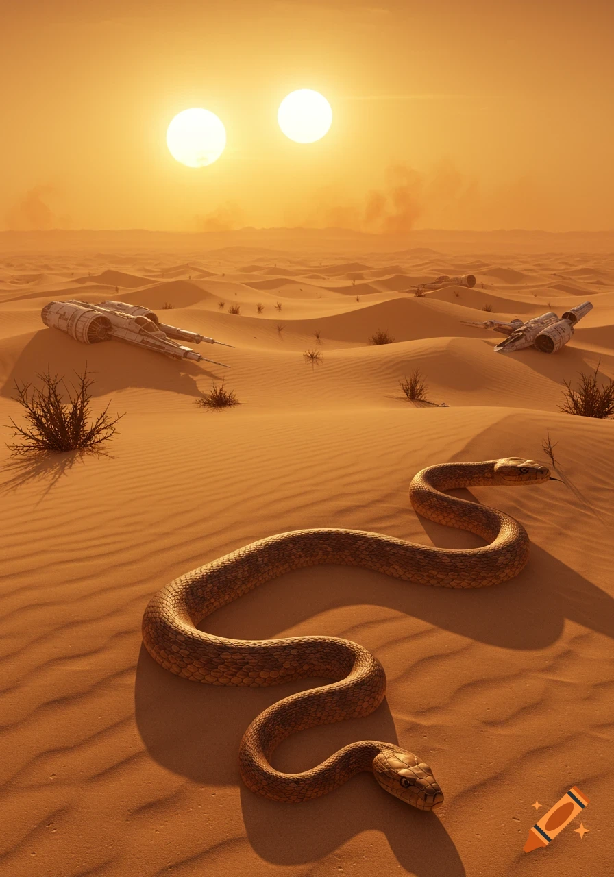 A large snake slithers through a vast desert under twin suns, with crashed Star Wars spacecraft on sand dunes.