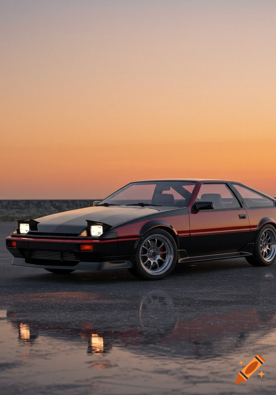 A black and red custom sports car with pop-up headlights reflecting on wet asphalt at sunset.
