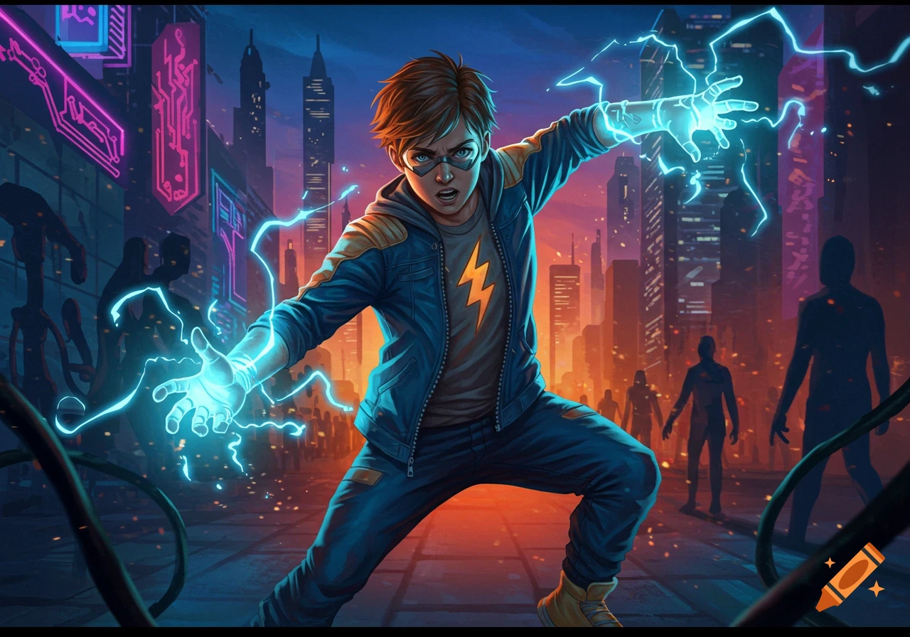 A young boy with glowing blue electricity emanating from his hands stands in an action pose in a futuristic city at dusk.