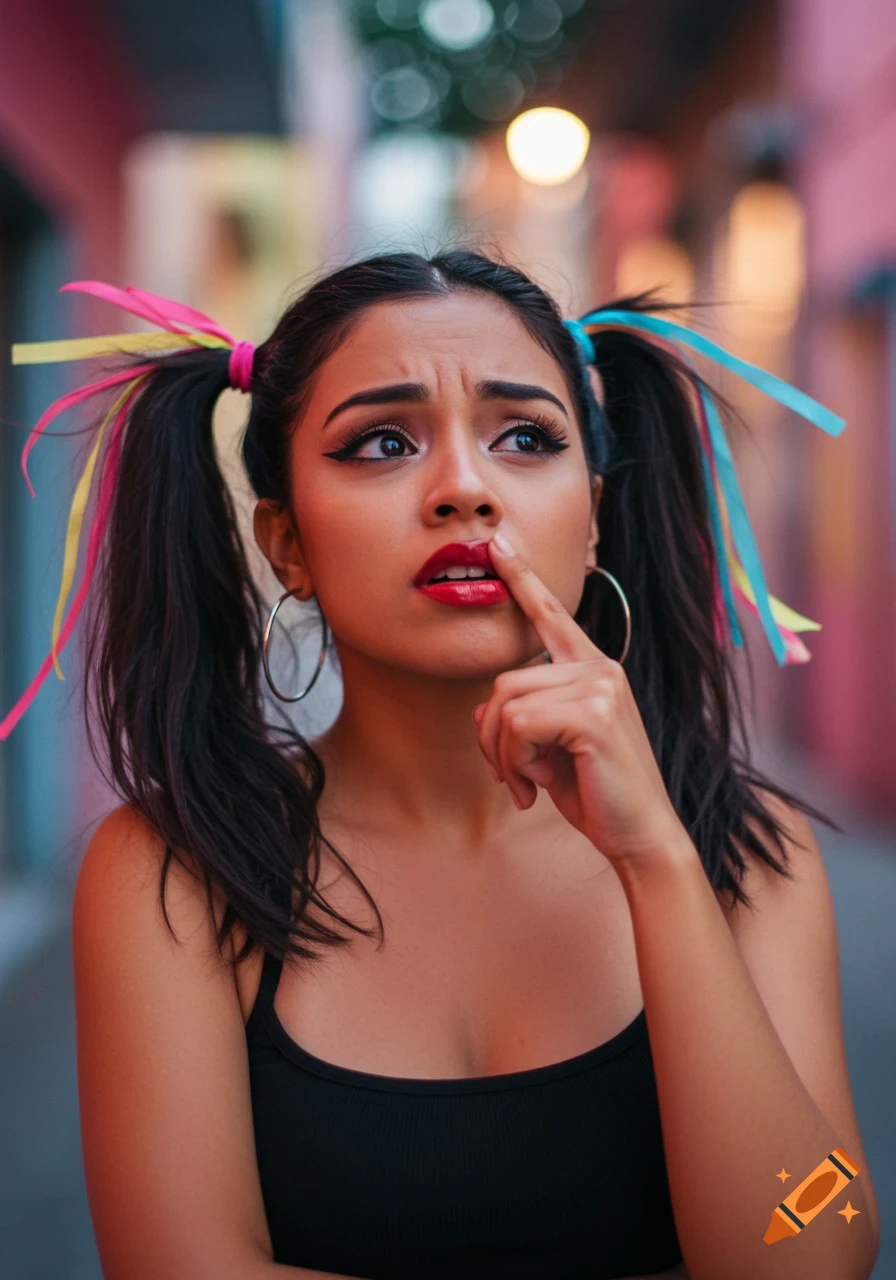 Young woman with pigtails and colorful ribbons, wearing red lipstick, touching her nose with a pensive expression.