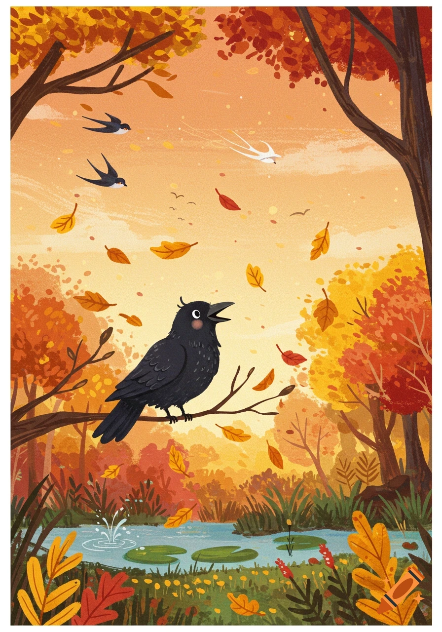 A charming childish fantasy illustration of an autumn forest with a crow on a branch, birds flying, falling leaves, and a pond.