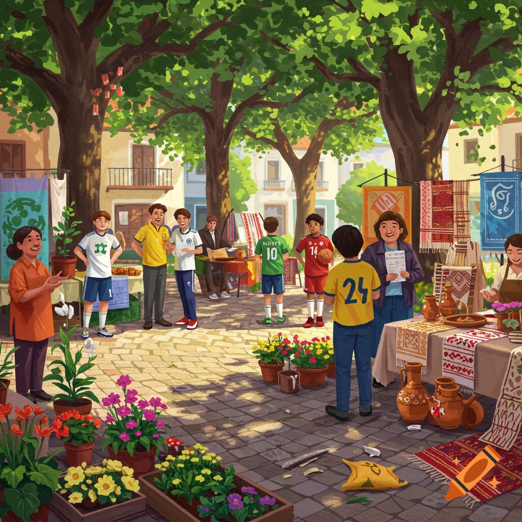 An illustration of a vibrant outdoor market scene with vendors, children in soccer jerseys, and potted plants under large trees.