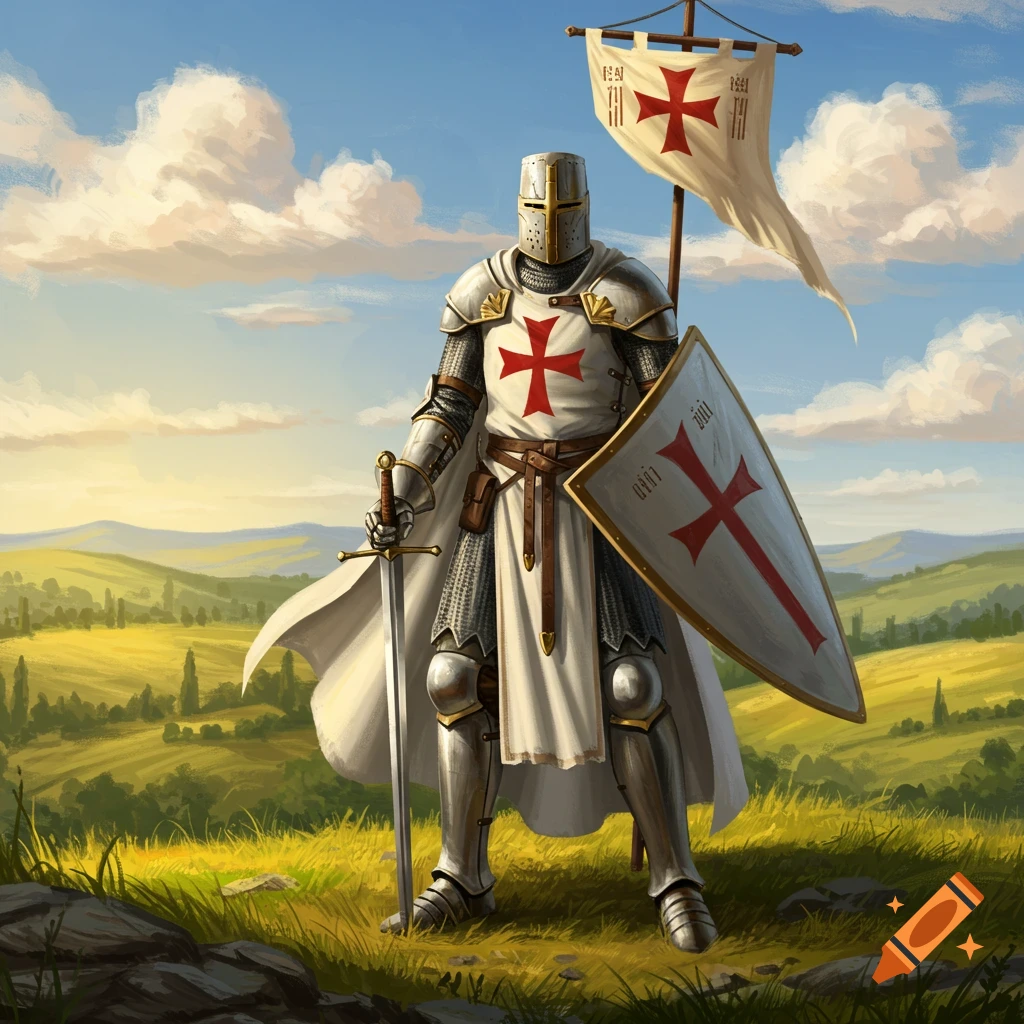 A detailed illustration of a Knight Templar in full armor, holding a sword and shield, standing in a grassy field under a cloudy sky.