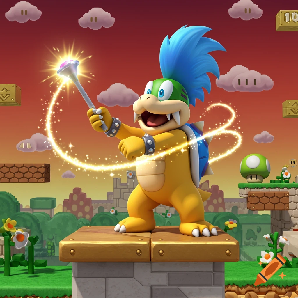 Larry Koopa, a turtle-like character with blue hair, holds a glowing magic wand, casting a spell in a vibrant Super Mario Bros. video game level.