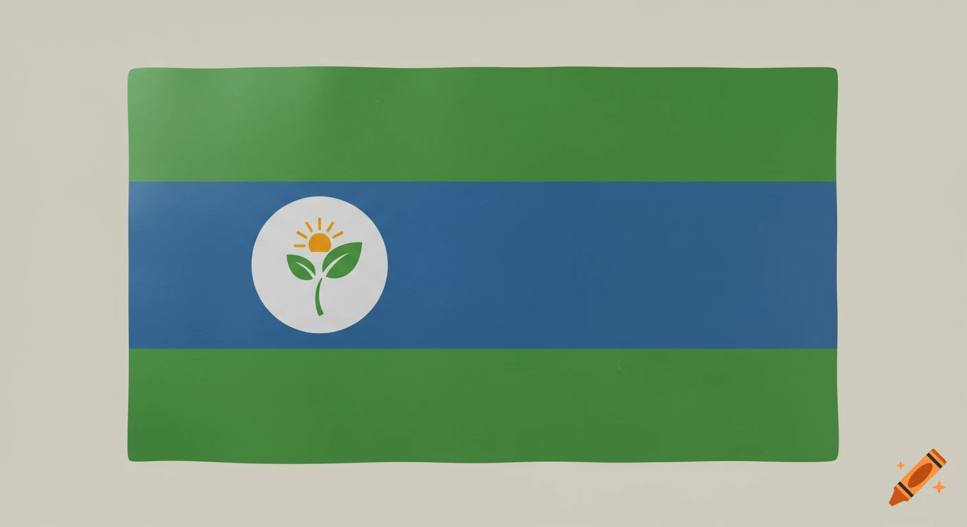 A flag with green top and bottom stripes, a blue middle stripe, and a white circle containing a sun and leaf icon.