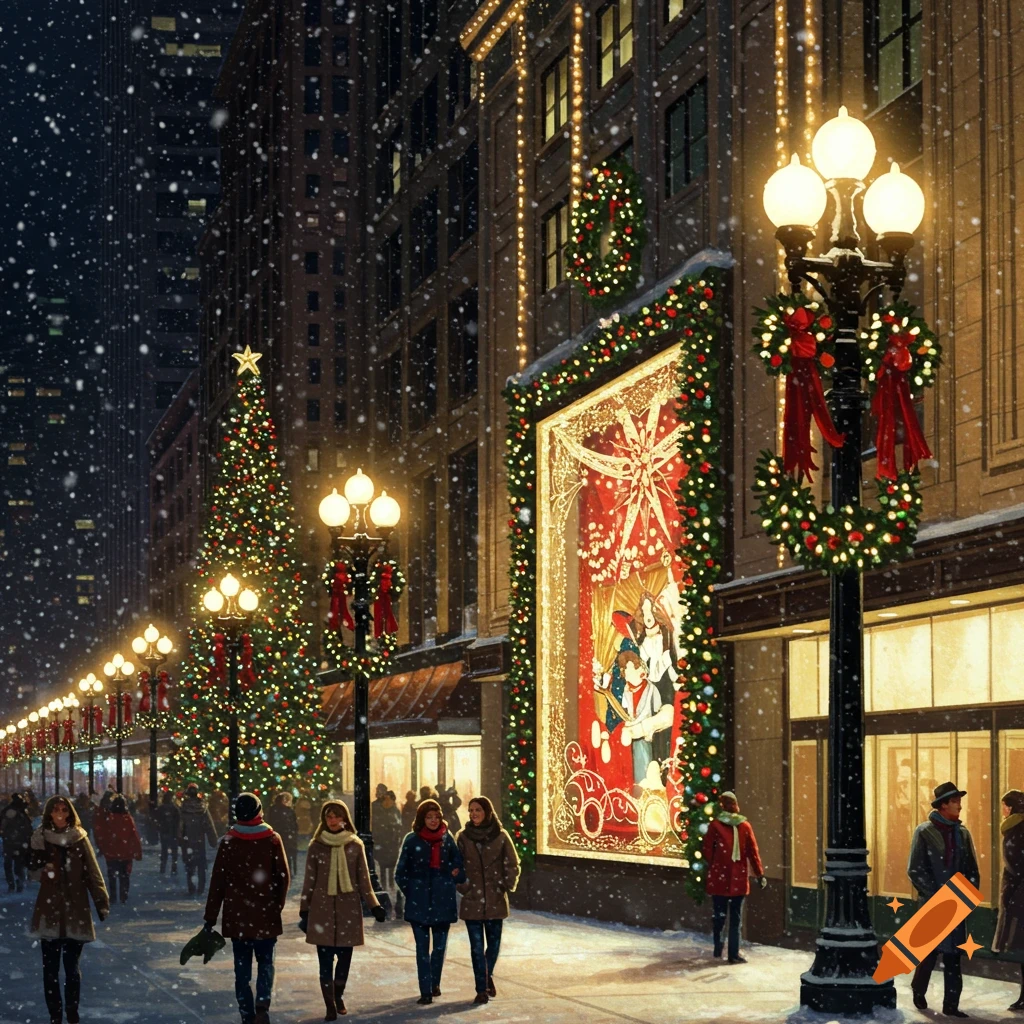Snow falls on a festive city street at night, with people walking past a brightly lit Macy's holiday window, Christmas trees, and illuminated lampposts.
