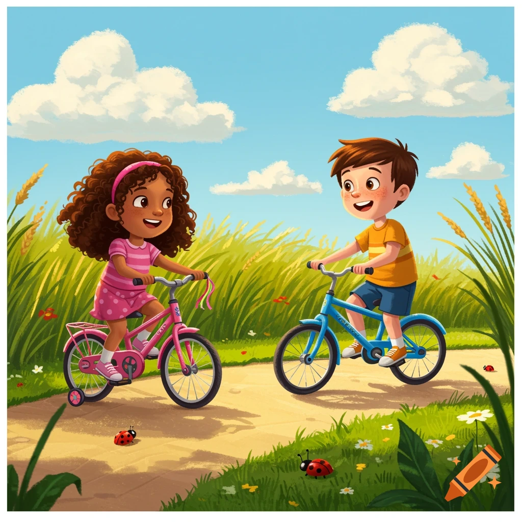 A vibrant cartoon illustration of a happy little girl and boy riding their bikes on a sunny dirt path in a field with ladybugs.