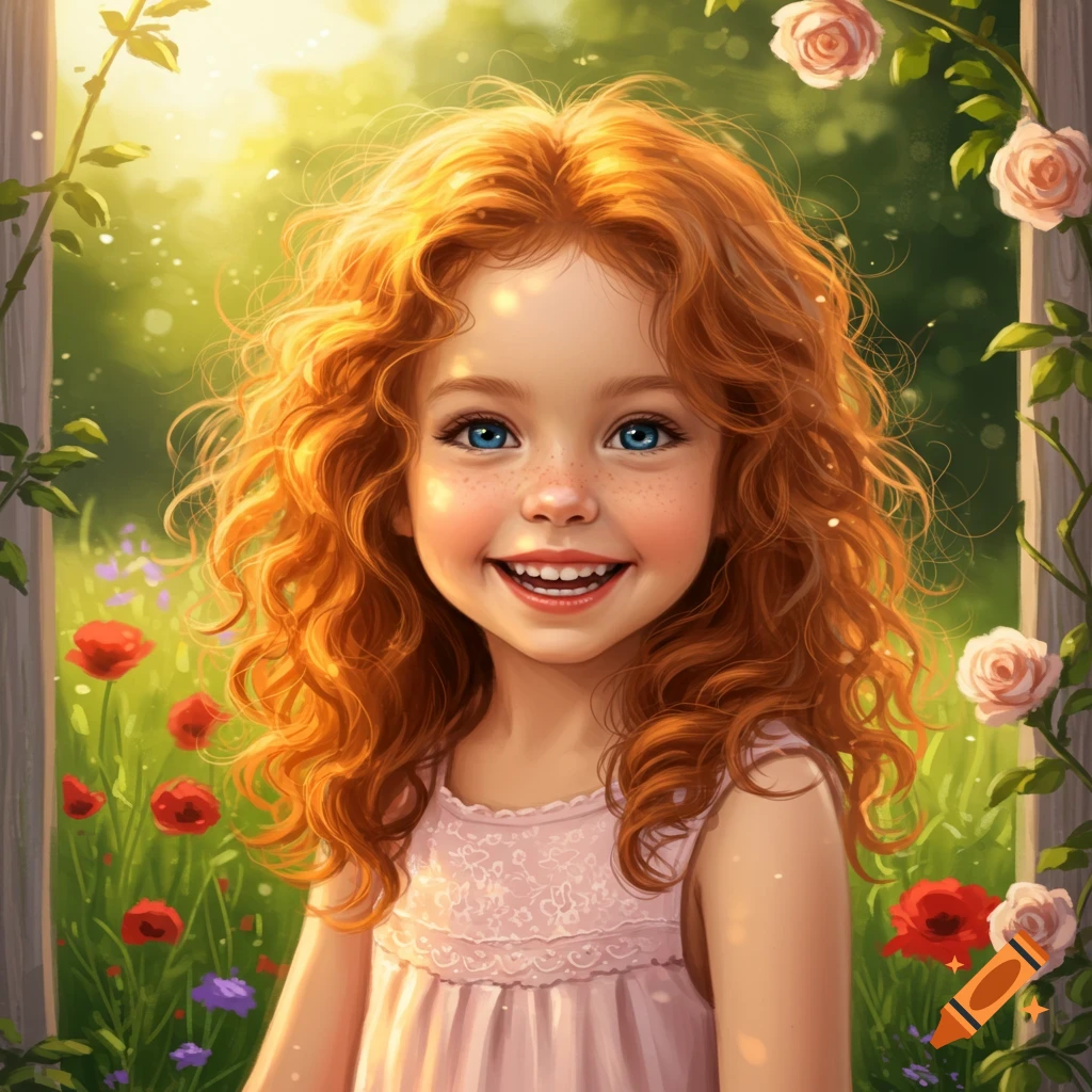 A bright illustration of a cute, smiling girl with ginger hair and blue eyes, covered in freckles, in a sunny garden with flowers.