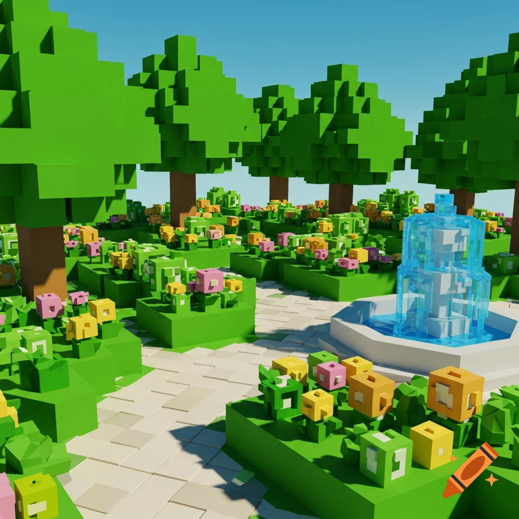 A colorful, pixelated Roblox-style garden with blocky green trees, a path, and a blue fountain surrounded by pink and yellow blocky flowers.