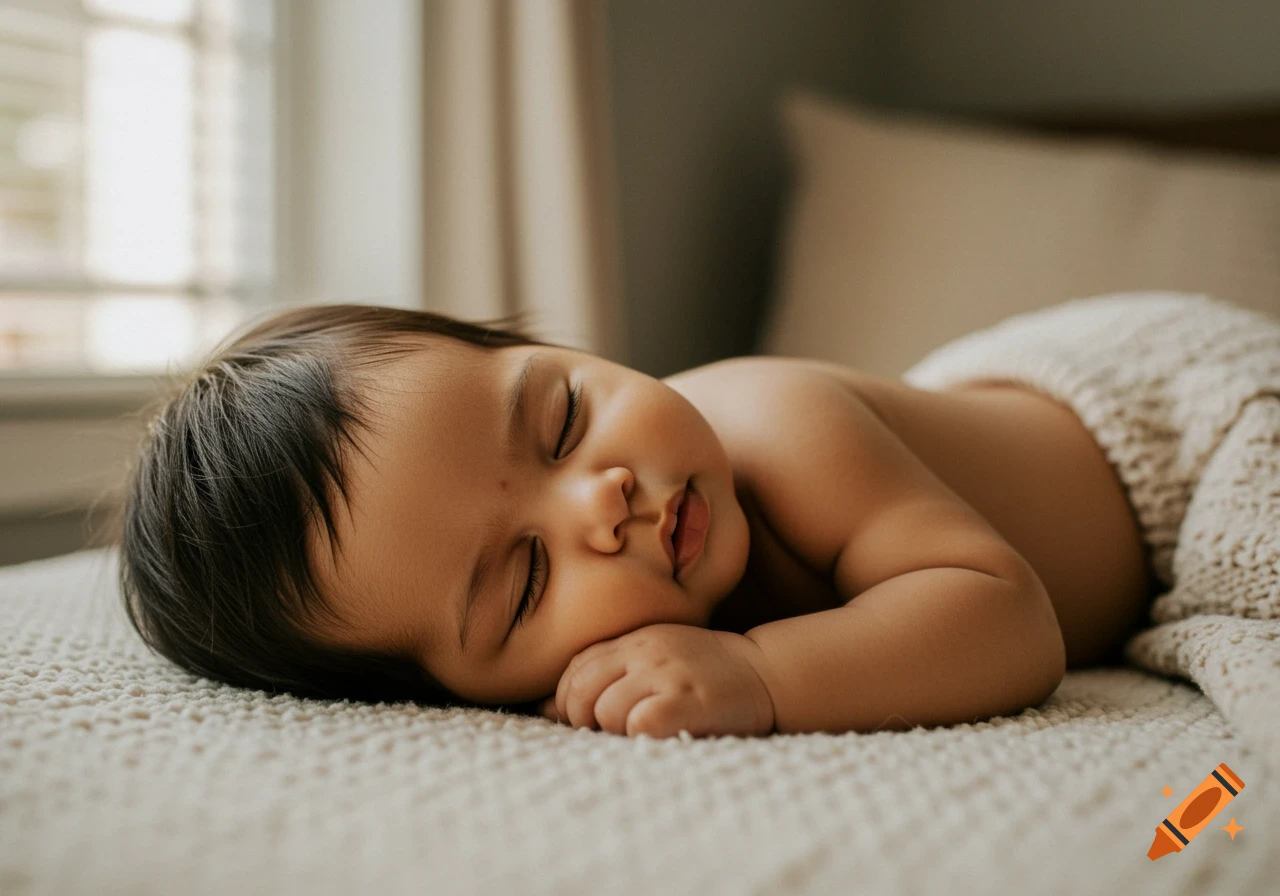 A sleeping baby with dark hair lies on its stomach on a textured white blanket in soft light.