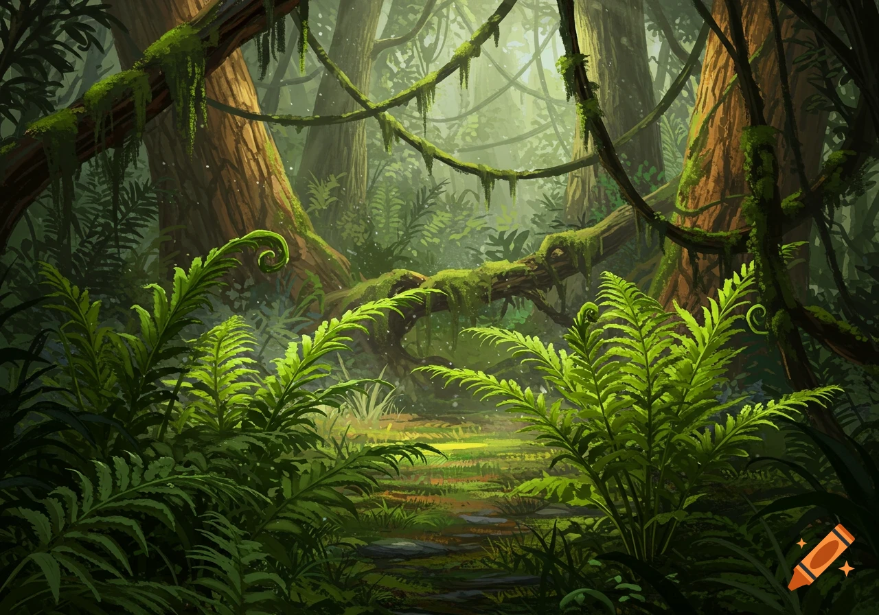 Lush, verdant digital painting of a dense jungle with ferns, moss-covered trees, and hanging vines, illuminated by soft light.