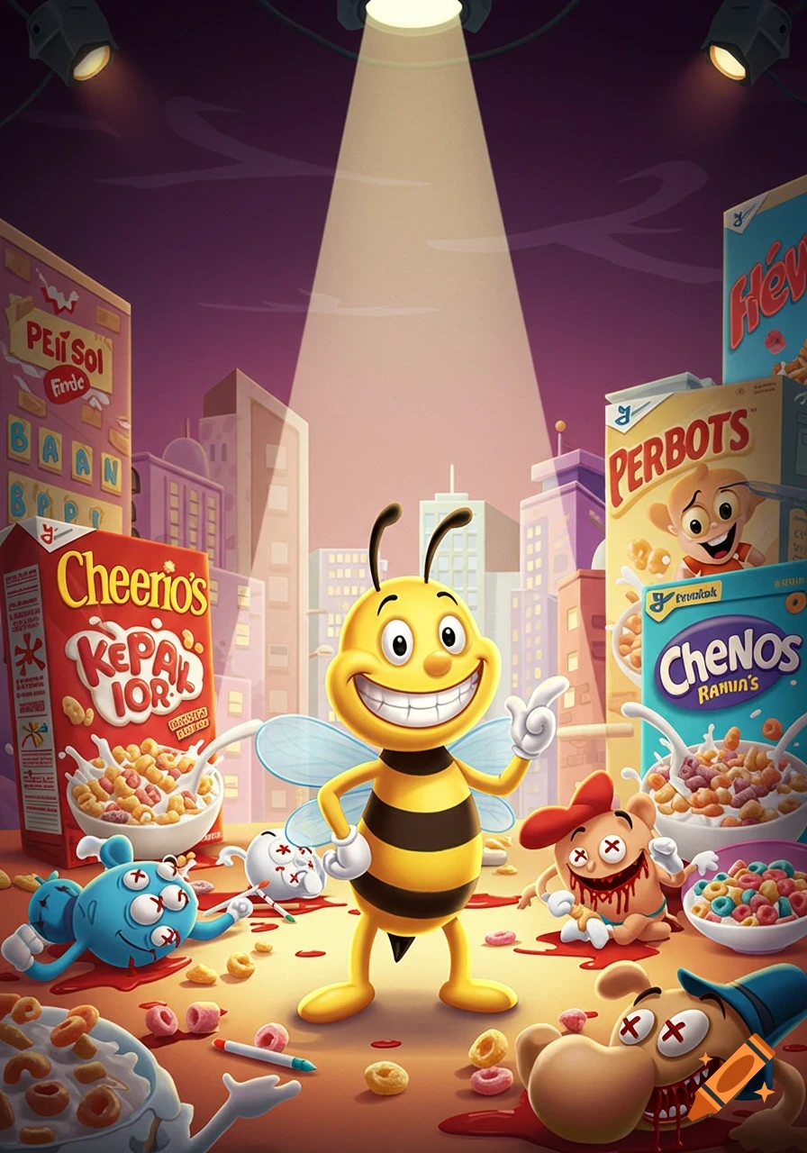 A smiling Cheerio bee mascot stands amidst dead cartoon cereal mascots in a cityscape, with cereal boxes in the background. Cartoon style.