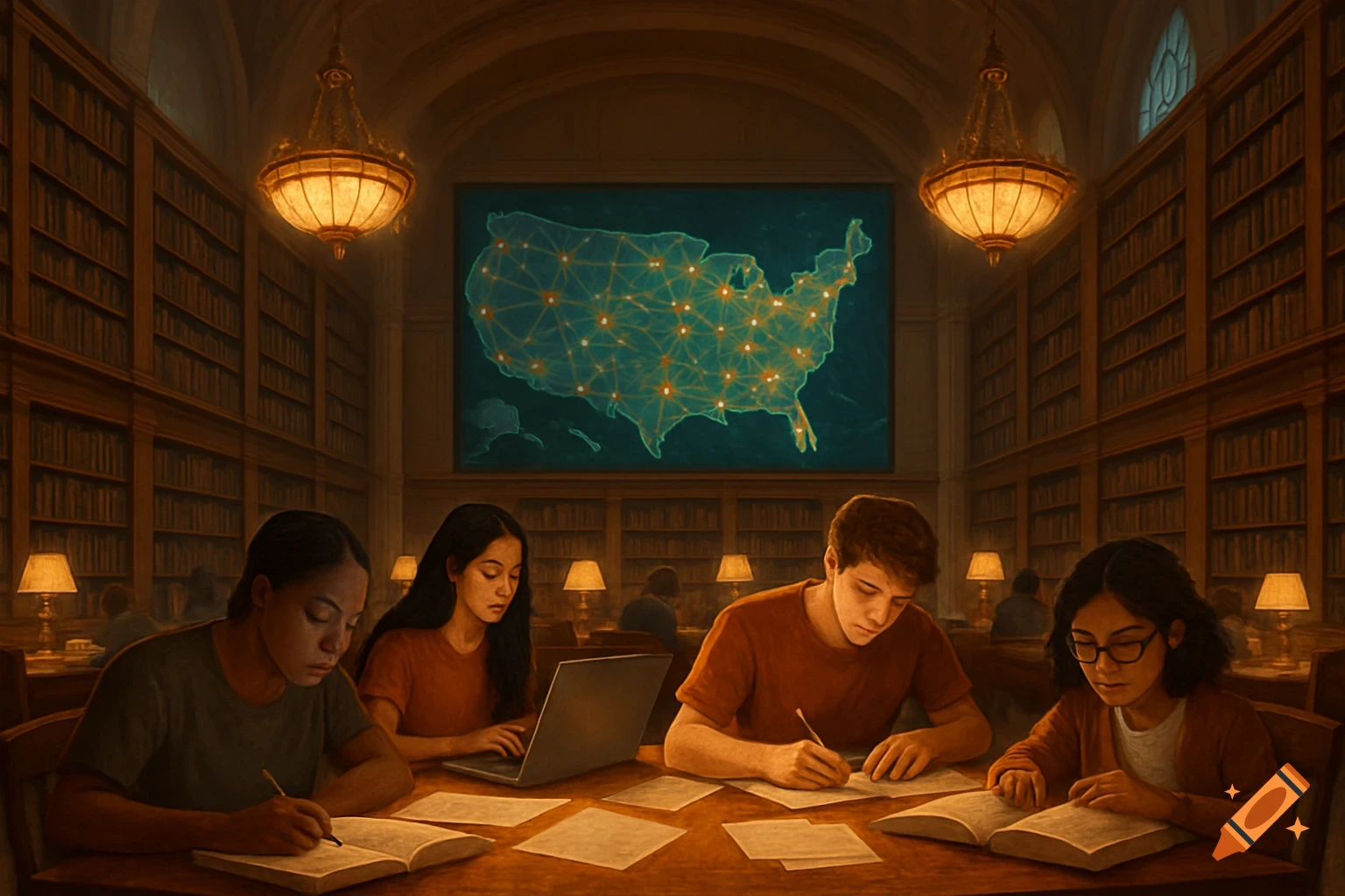Students study at a large wooden table in a dimly lit library, with an illuminated map of the US on a screen in the background.
