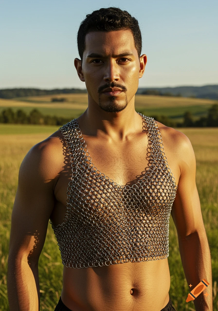 A man with short hair and a goatee wears a chainmail crop top in a sunny, grassy field.