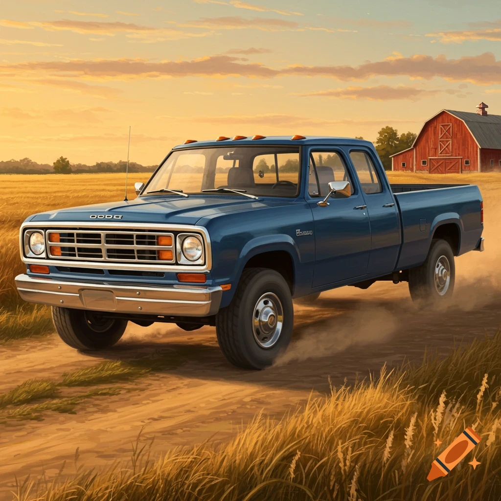 A blue vintage Dodge pickup truck drives on a dirt road through a golden field with a red barn under a warm sunset sky.