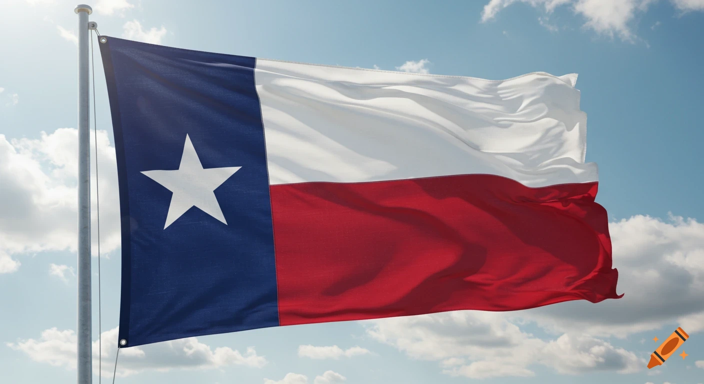 The Texas flag, red, white, and blue with a single white star, waves against a bright blue sky with scattered white clouds.