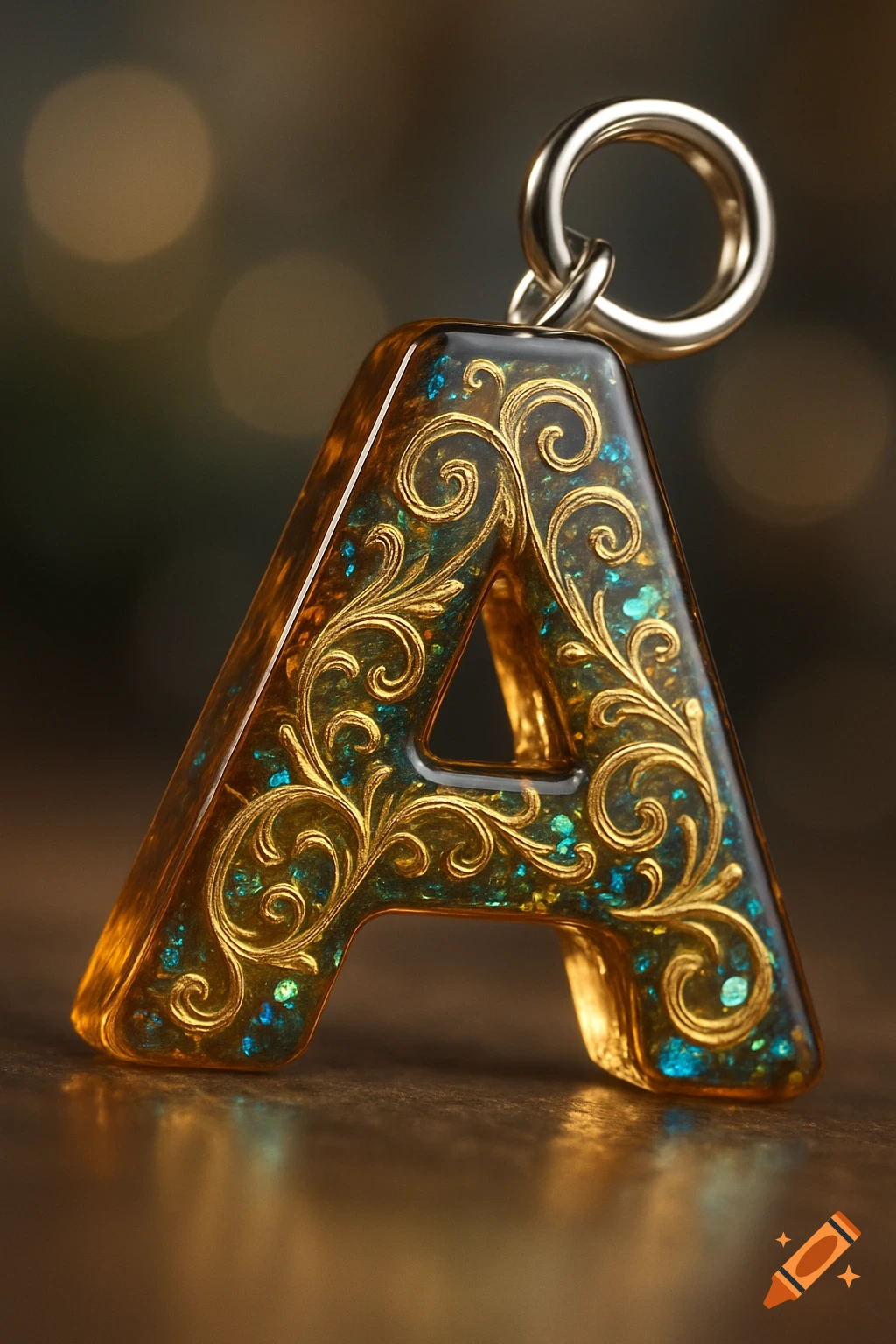 A close-up of a decorative resin keychain shaped like the letter A, adorned with intricate gold filigree and sparkling blue glitter.