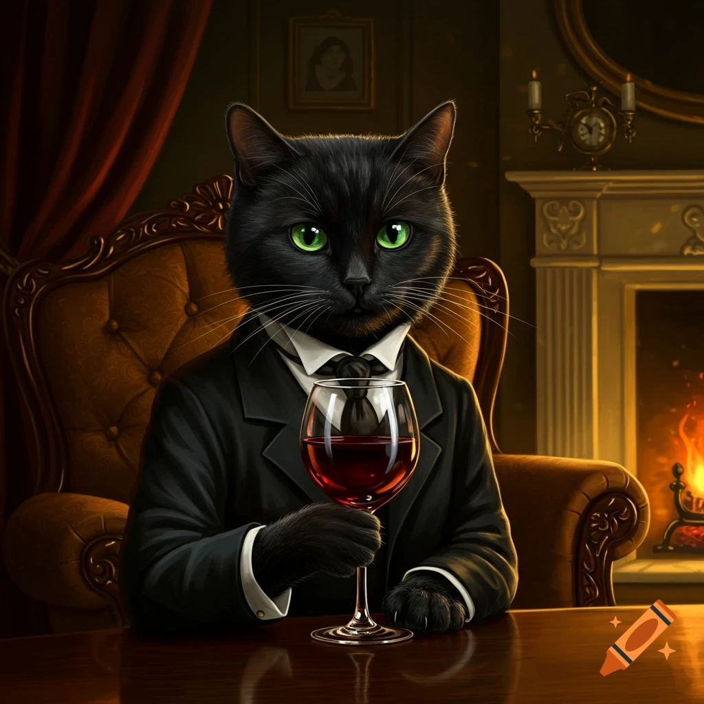 A sophisticated black cat in a tuxedo sits in a luxurious armchair, holding a glass of red wine by a fireplace.