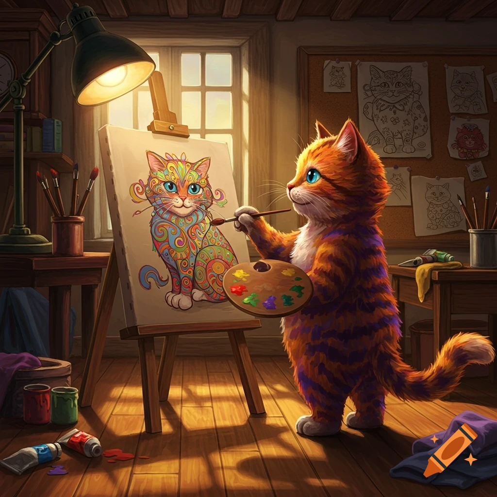 An anthropomorphic orange tabby cat painting a vibrantly patterned cat portrait on an easel in a cozy artist's studio.