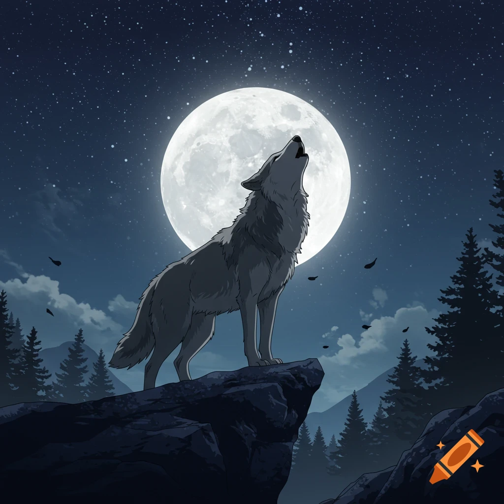 An anime-style wolf howls at a large full moon while standing on a cliff at night, surrounded by pine trees.