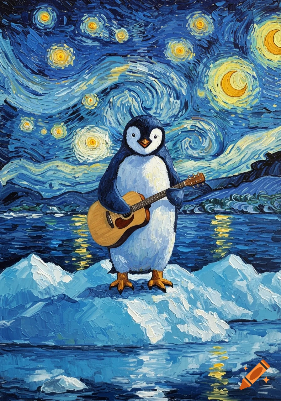 A cartoonish penguin plays an acoustic guitar while standing on icebergs, depicted in the vibrant, swirling brushstroke style of Van Gogh's Starry Night.