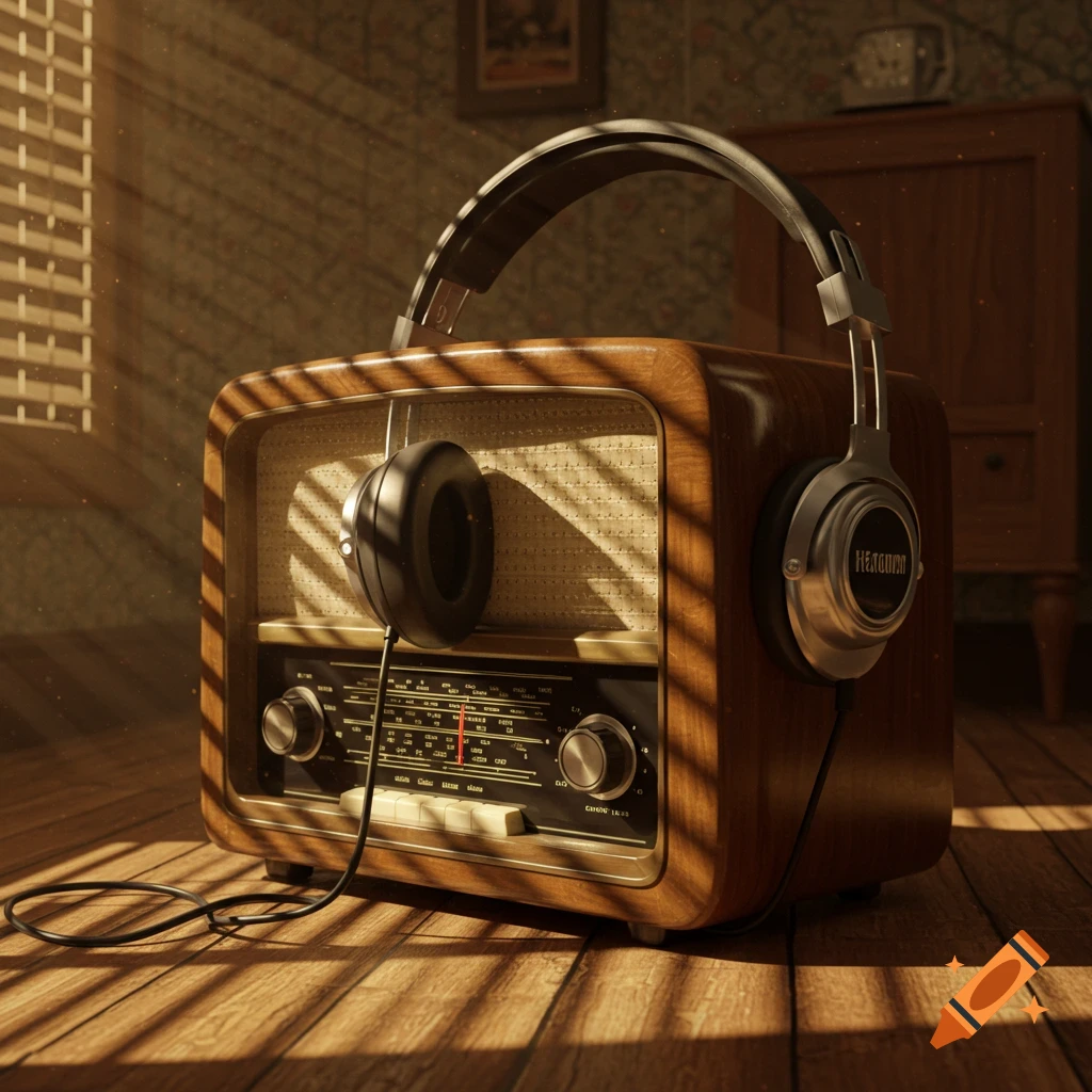 A close-up of a vintage wooden radio with a pair of silver headphones resting on top, bathed in warm sunlight.
