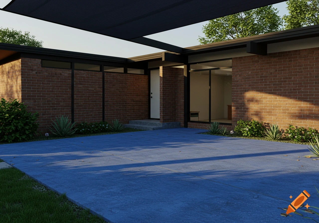 A photorealistic view of a mid-century modern brick ranch house with black trim and a cobalt blue concrete patio.