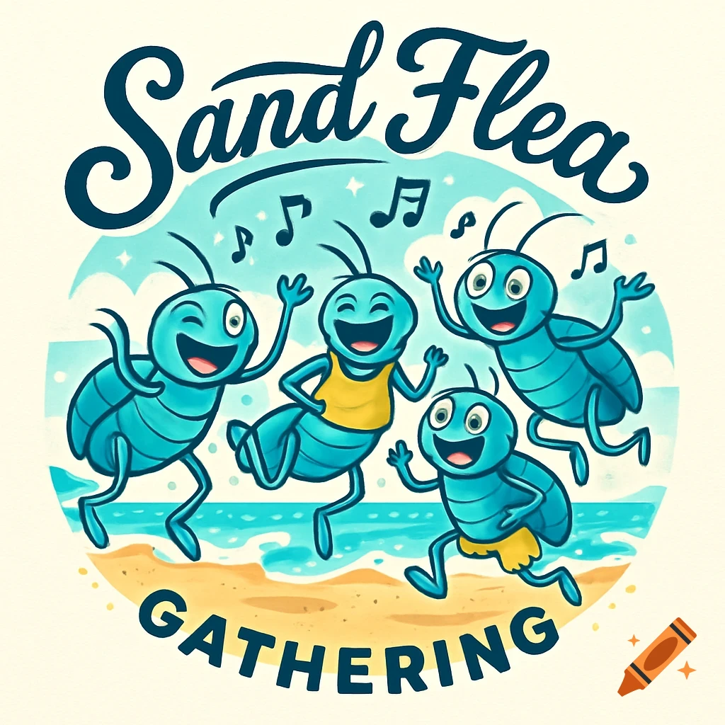 A cheerful cartoon logo with the words "Sand Flea Gathering" and four blue, dancing sand fleas on a beach with musical notes.
