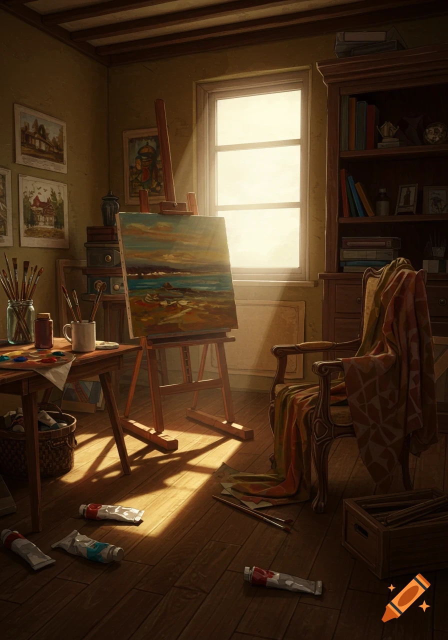 A sunlit artist's studio with an easel holding a seascape painting, art supplies on a table, a bookshelf, and an armchair.