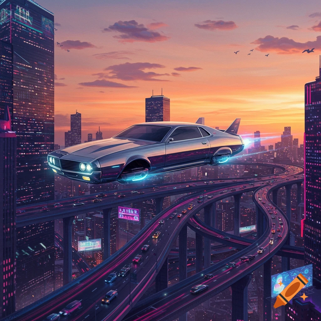 A futuristic flying car hovers over a neon-lit cyberpunk city with complex highways at sunset.