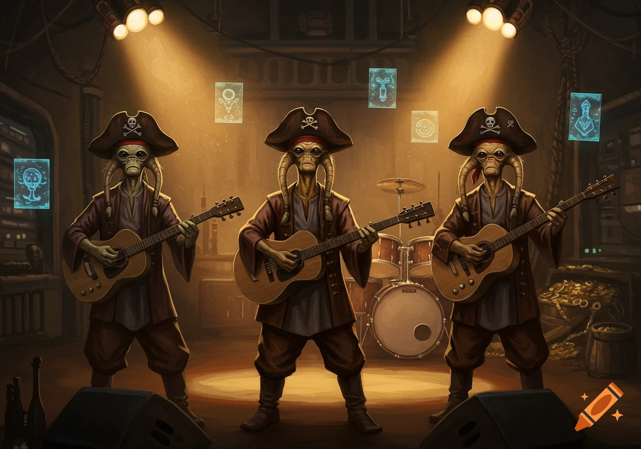 Three alien musicians, resembling Star Wars Bith, wearing pirate hats and playing acoustic guitars on a dimly lit stage.