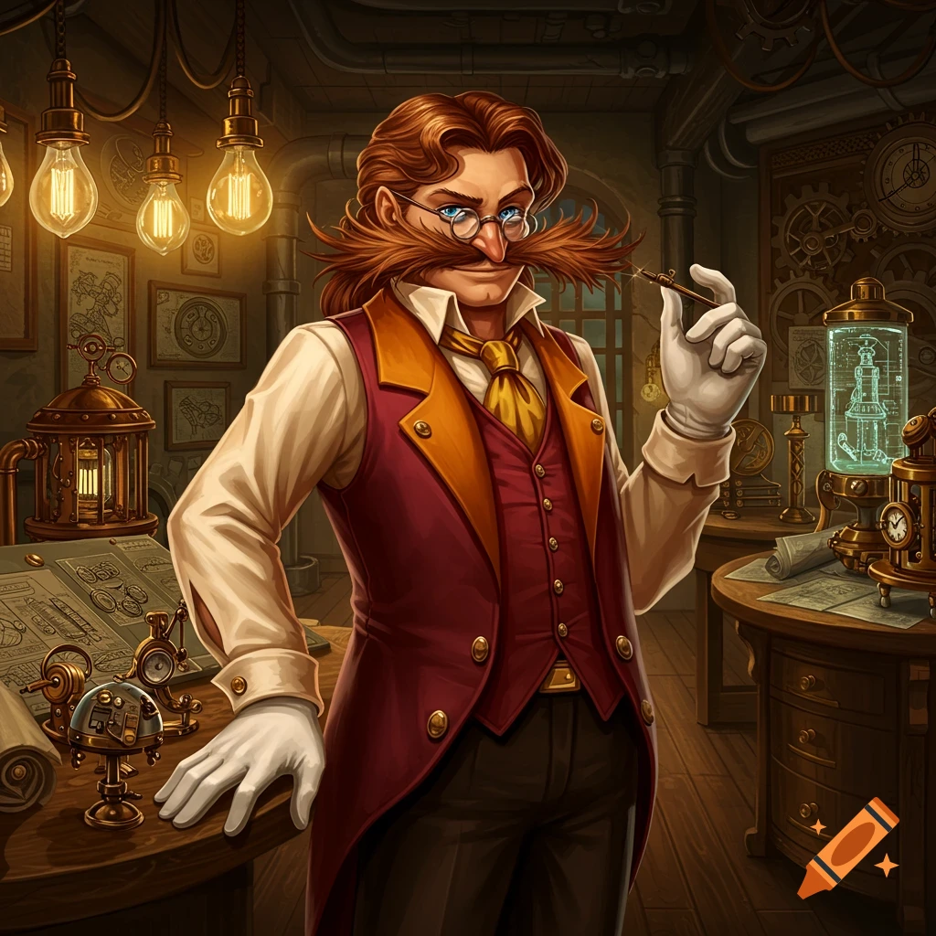 A steampunk inventor with a large brown mustache, round glasses, and a red and gold waistcoat, holding a tool in a workshop.