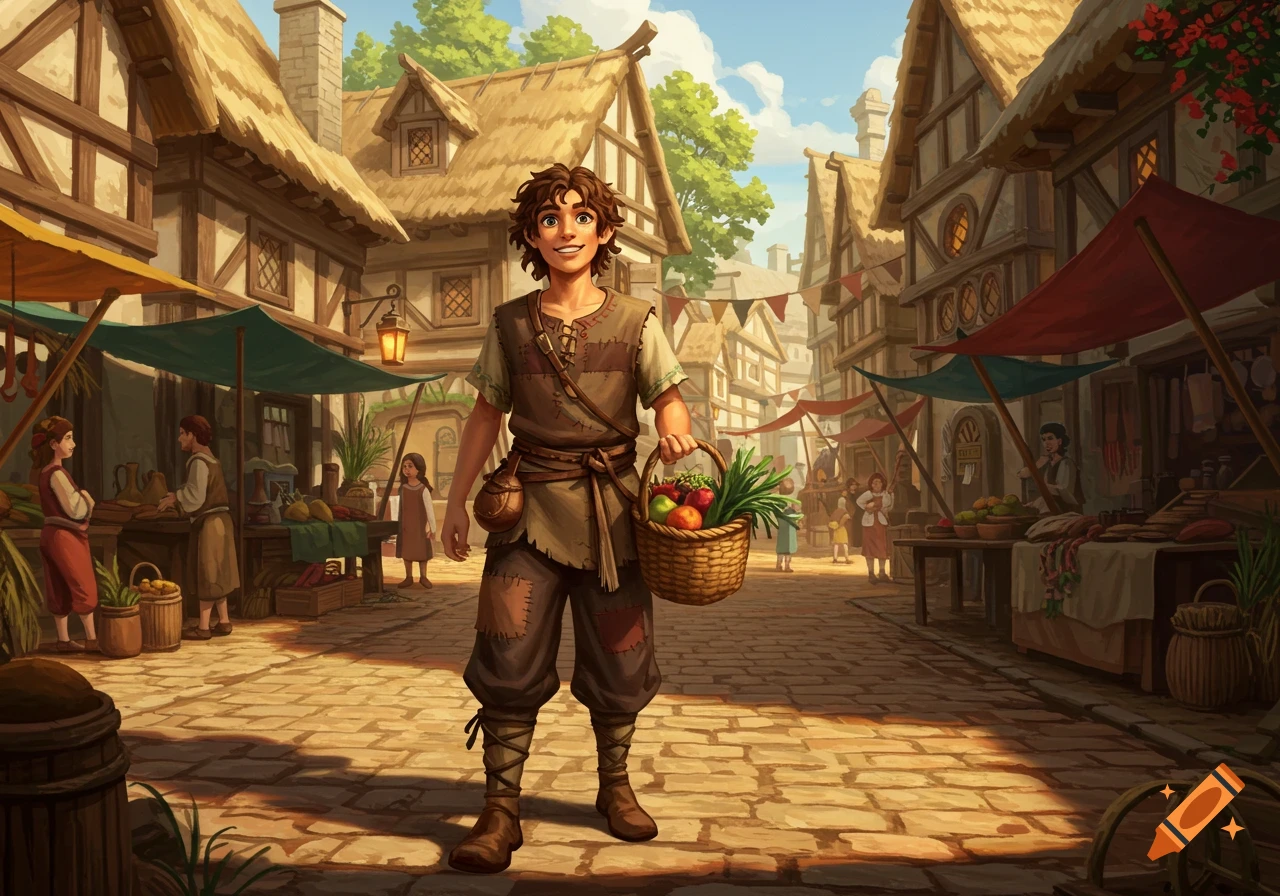 A smiling young person with curly hair carries a basket of vegetables through a bustling medieval market street lined with thatched-roof shops.