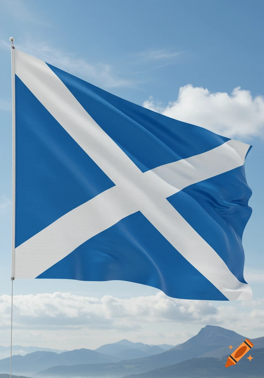 The blue and white Scottish flag, a saltire, waves against a blue sky with clouds and distant mountains.