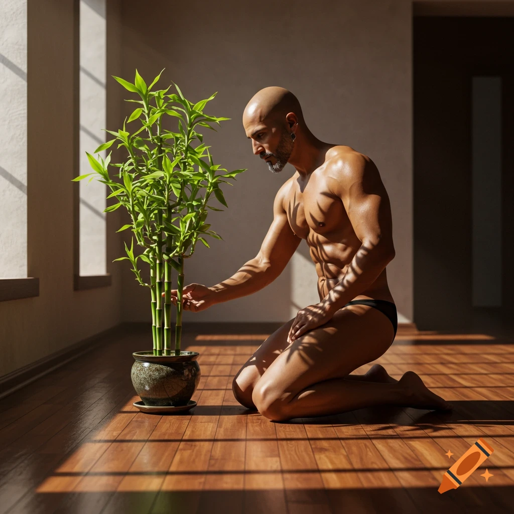 Muscular bald man in briefs kneels on a sunny wooden floor, gently touching a potted lucky bamboo plant.