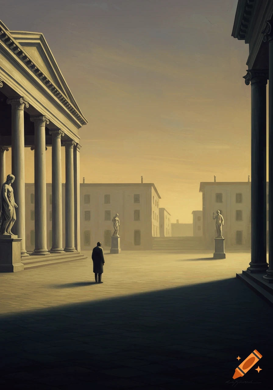 An oil painting of a solitary figure in a vast classical piazza, surrounded by statues and buildings under a hazy, golden sky.