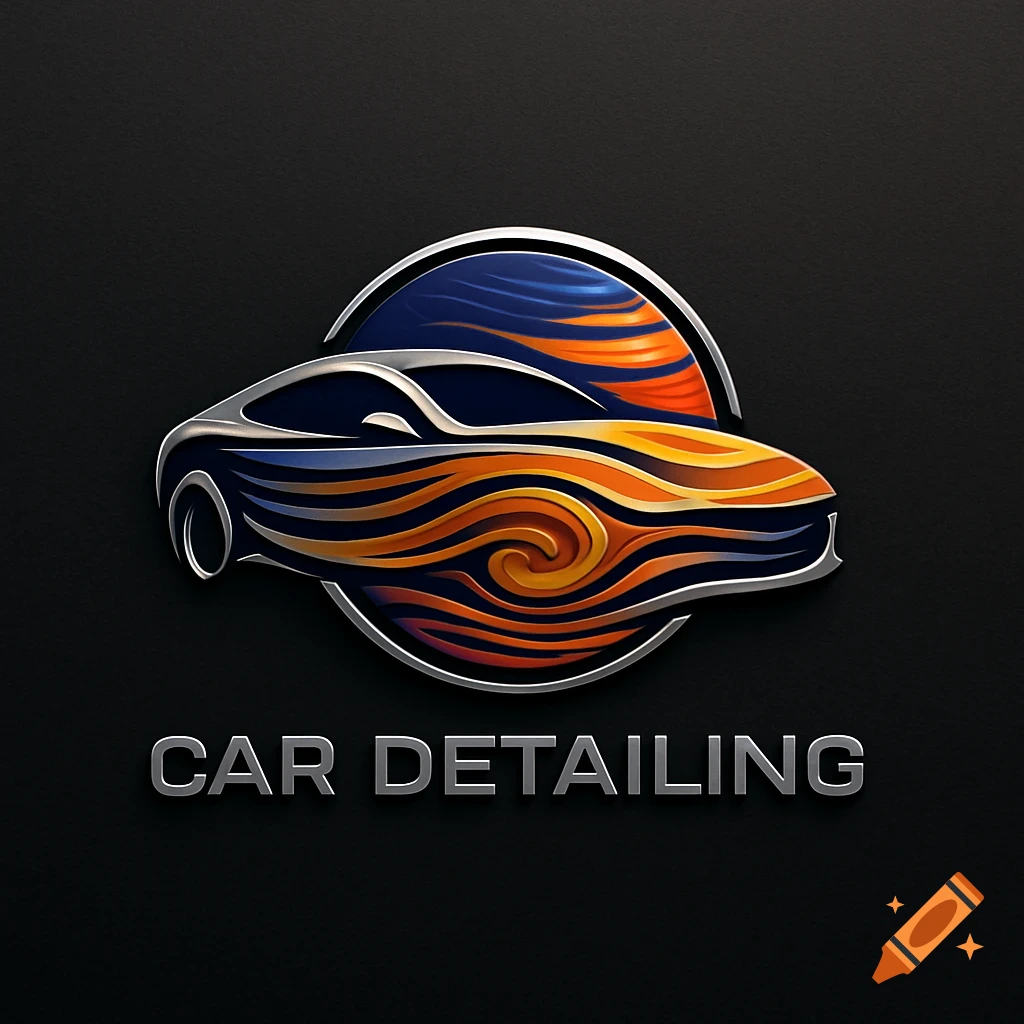 Car detailing logo with a stylized car in orange and blue swirls, set in a silver emblem on a dark textured background.