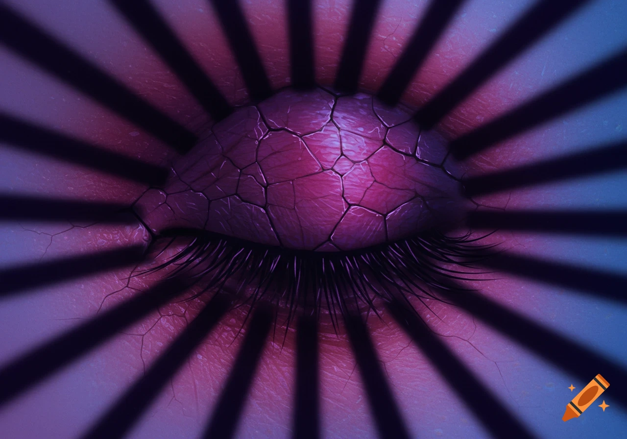 A surreal, closed purple eye with a fractured texture, surrounded by dark rays on a blue and pink background.